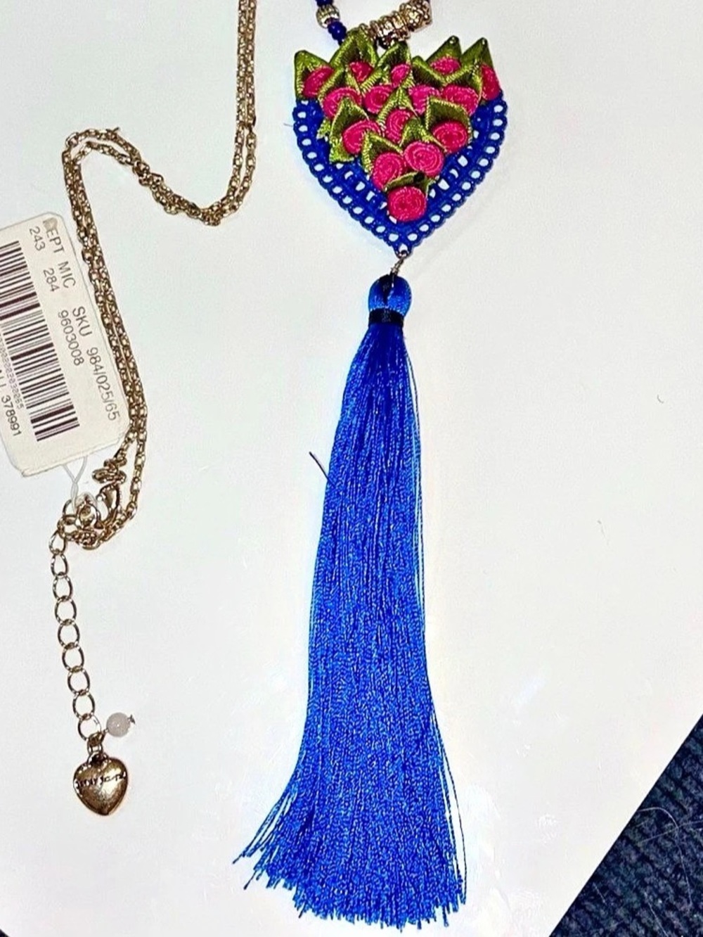 Betsey Betseyvilla Beaded Floral Tassel Necklace in Royal Blue with Pink Roses
